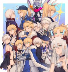 Rule 34 | 6+girls, absurdres, ahoge, animal ears, armor, armored dress, artoria caster (fate), artoria caster (second ascension) (fate), artoria pendragon (all), artoria pendragon (alter swimsuit rider) (fate), artoria pendragon (alter swimsuit rider) (second ascension) (fate), artoria pendragon (fate), artoria pendragon (lancer) (fate), artoria pendragon (lancer alter) (fate), artoria pendragon (swimsuit archer) (fate), artoria pendragon (swimsuit archer) (first ascension) (fate), artoria pendragon (swimsuit ruler) (fate), bare shoulders, bikini, black bikini, black choker, blonde hair, blue cape, blue gloves, blue headwear, blue jacket, border, bow, braid, breastplate, breasts, camera, camera flash, cape, card, character request, child, choker, cleavage, cleavage cutout, clothing cutout, crown, crown braid, crying, crying with eyes open, dark persona, dress, excalibur (fate/stay night), fate/grand order, fate/stay night, fate (series), feather boa, french braid, fur-trimmed cape, fur collar, fur trim, gloves, gothic lolita, green eyes, hair between eyes, hair bow, hair ribbon, hair through headwear, handkerchief, hat, high ponytail, highres, holding, holding camera, holding staff, holding sword, holding weapon, horns, jacket, large breasts, light stick, lolita fashion, looking at another, looking at viewer, looking to the side, maid headdress, mecha, mordred (fate), mordred (fate/apocrypha), morgan le fay (fate), mother and daughter, multiple girls, multiple persona, mysterious heroine x (fate), mysterious heroine x alter (fate), mysterious heroine x alter (first ascension) (fate), mysterious heroine xx (fate), mysterious heroine xx (first ascension) (fate), open mouth, pantyhose, playing card, rabbit ears, red jacket, red scarf, ribbon, robot, saber (fate), saber alter, saber lily, santa alter, santa hat, scarf, siblings, sideboob, sidelocks, silver hair, sisters, staff, swept bangs, swimsuit, sword, tears, weapon, white border, white dress, white gloves, wiping tears, yellow eyes, yorukun