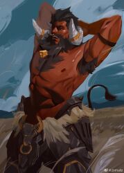 Rule 34 | 1boy, abs, armor, arms behind head, bara, beard, bell, body fur, chest hair, chinese zodiac, cow boy, cow tail, curled horns, dark-skinned male, dark skin, facial hair, feet out of frame, forked eyebrows, highres, horn ornament, horn ring, horns, jinhallz, large horns, large pectorals, long beard, male focus, mature male, muscular, muscular male, neck bell, nipples, nose piercing, nose ring, original, pectorals, piercing, scar, scar across eye, short hair, solo, stomach, stretching, tail, thick eyebrows, thick mustache, topless male, very dark skin, year of the ox