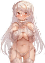 Rule 34 | 1girl, alternate costume, aran legwear, breasts, brown eyes, cable knit, conte di cavour (kancolle), cropped sweater, detached sleeves, garter straps, highres, kantai collection, large breasts, long hair, meme attire, navel, panties, ribbed panties, ribbed sleeves, ribbed sweater, ribbed thighhighs, side-tie panties, simple background, sleeveless, sleeveless sweater, sleeveless turtleneck, solo, sweater, toka (marchlizard), turtleneck, turtleneck sweater, two side up, underwear, very long hair, virgin destroyer sweater, white background, white garter straps, white hair, white panties, white sweater