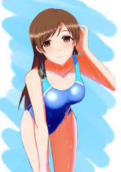 Rule 34 | 10s, 1girl, blush, breasts, brown eyes, brown hair, cleavage, competition swimsuit, highres, idolmaster, idolmaster cinderella girls, idolmaster cinderella girls starlight stage, leaning forward, long hair, looking at viewer, nitta minami, one-piece swimsuit, shuuzen, solo, swimsuit, wet