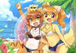 Rule 34 | 2girls, :d, ahoge, animal ears, arm up, beach, bikini, blurry, blurry foreground, blush, body fur, brown eyes, brown hair, choker, day, fang, female focus, fox ears, fox tail, furry, furry female, highres, innertube, leaning to the side, looking at viewer, mismatched bikini, multiple girls, navel, open mouth, orange hair, original, outdoors, palm tree, po! (popoemo), red eyes, short shorts, shorts, signature, smile, swim ring, swimsuit, tail, tree, twitter username