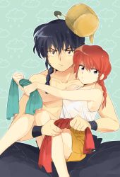 Rule 34 | 1boy, 1girl, black hair, blue eyes, braid, dual persona, genderswap, genderswap (mtf), highres, kettle, machi (mctri), object on head, ranma-chan, ranma 1/2, red hair, saotome ranma, see-through, short shorts, shorts, single braid, sitting, sitting on lap, sitting on person, time paradox, topless male, v-shaped eyebrows, wet, wet clothes, wet hair, wringing clothes