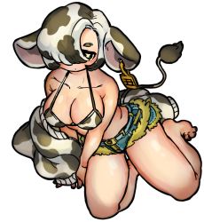 Rule 34 | 1girl, animal ears, animal print, bare arms, bare legs, bare shoulders, bikini, bikini shorts, bikini top only, blue shorts, breasts, bright pupils, brown eyes, closed mouth, cow ears, cow girl, cow print, cow tail, ear tag, earrings, fingernails, full body, hair over one eye, highres, jacket, jewelry, large breasts, looking at viewer, medium hair, micro shorts, off shoulder, one eye covered, original, shima (wansyon144), shorts, simple background, sitting, solo, swimsuit, tail, toenails, white background, white pupils, yokozuwari