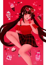 Rule 34 | 1girl, alternate costume, artist name, black skirt, brown hair, cake, collarbone, danganronpa (series), danganronpa v3: killing harmony, eyewear on head, food, foot out of frame, fruit, gradient background, harukawa maki, highres, holding, long hair, low twintails, missarilicious, mole, mole under eye, off-shoulder shirt, off shoulder, pink background, plaid, plaid skirt, pocky, red eyes, red shirt, red skirt, shirt, shoes, skirt, solo, strawberry, sunglasses, teeth, tongue, twintails, upper teeth only, white background