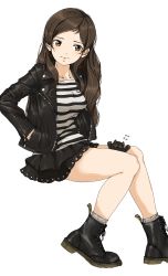 Rule 34 | 1girl, absurdres, black footwear, black jacket, black skirt, boots, breasts, brown eyes, brown hair, female focus, gatsby ssl, hand in pocket, highres, idolmaster, idolmaster million live!, invisible chair, jacket, kitazawa shiho, leather, leather jacket, legs, long hair, looking at viewer, medium breasts, miniskirt, namco, neck, parted bangs, parted lips, shirt, simple background, sitting, skirt, solo, striped clothes, striped shirt, stuffed animal, stuffed cat, stuffed toy, t-shirt, thighs, white background