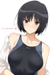 Rule 34 | 1girl, amagami, black hair, black one-piece swimsuit, blush, bob cut, breasts, brown eyes, character name, closed mouth, collarbone, competition swimsuit, halcon, heart, highres, looking at viewer, medium breasts, nanasaki ai, one-piece swimsuit, open clothes, open shirt, short hair, smile, solo, swimsuit, upper body, white background