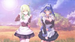 Rule 34 | 2girls, apron, blue hair, blush, braid, braided bangs, breasts, ceres fauna, frills, garter straps, green hair, hand in own hair, highres, hololive, hololive english, large breasts, looking at another, looking at viewer, maid, maid apron, medium breasts, medium hair, multiple girls, ouro kronii, shy, single braid, sk jynx, skirt, virtual youtuber, yellow eyes