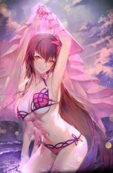 Rule 34 | 1girl, arm up, armpits, bikini, blurry, bokeh, breasts, cleavage, cloud, cloudy sky, contrapposto, cowboy shot, depth of field, fate/grand order, fate (series), flower, hair flower, hair ornament, halterneck, hxxg, large breasts, long hair, navel, outdoors, parted lips, pink eyes, purple hair, scathach (fate), scathach (fate/grand order), scathach (swimsuit assassin) (fate), side-tie bikini bottom, sky, smile, solo, standing, swimsuit, underboob, very long hair, wading