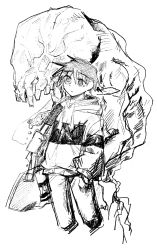 Rule 34 | 1boy, bad id, bad twitter id, bag, closed mouth, dripping, eieii ll, greyscale, hair between eyes, hand in pocket, hatching (texture), highres, hood, hood down, hoodie, looking at viewer, male focus, monochrome, monster, open mouth, original, saliva, simple background, sketch, spine, teeth, tongue, traditional media, veins, white background