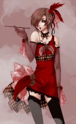 Rule 34 | 1girl, breasts, brown hair, dress, female focus, flower, gloves, gradient background, lips, meiko (vocaloid), red theme, rose, smoke, smoking, solo, tattoo, thighhighs, vocaloid