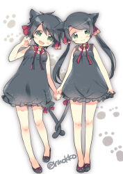 Rule 34 | 2girls, animal ears, bell, black dress, black footwear, black hair, blush, cat ears, cat girl, cat tail, dress, fujii rino, green eyes, hair ribbon, holding hands, kantai collection, long hair, mikuma (kancolle), mogami (kancolle), multiple girls, neck bell, open mouth, paw print, red ribbon, ribbon, short hair, simple background, smile, standing, tail, tail wrap, twintails, twitter username