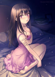 Rule 34 | 1girl, barefoot, bed, bed sheet, bliss (ferment factory), blush, breasts, brown hair, chemise, cleavage, dark, feet, from behind, holding own arm, light particles, long hair, looking at viewer, looking back, on bed, original, parted lips, pillow, purple eyes, sitting, soles, solo, strap slip, toes, wariza