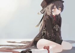 Rule 34 | 1girl, absurdres, between legs, black coat, black footwear, black hat, black shorts, bright pupils, brown hair, chinese clothes, closed mouth, coat, coattails, collared coat, flower, flower-shaped pupils, genshin impact, hair between eyes, hand between legs, hat, highres, hu tao (genshin impact), kanase (mcbrwn18), long hair, long sleeves, looking ahead, plum blossoms, porkpie hat, red eyes, red shirt, shirt, shorts, sitting, solo, symbol-shaped pupils, thighhighs, very long hair, wariza, white pupils, white thighhighs