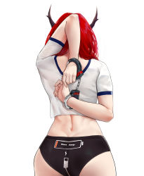 Rule 34 | 1girl, absurdres, arknights, arm behind back, arm up, back, black panties, butuo (butuo13), clothes writing, commission, cowboy shot, cuffs, from behind, handcuffs, highres, horns, long hair, panties, red hair, shirt, short sleeves, simple background, solo, surtr (arknights), text on panties, underwear, white background, white shirt