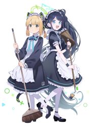 Rule 34 | &lt;key&gt; (robot) (blue archive), 2girls, absurdly long hair, animal ear headphones, animal ears, apron, aris (blue archive), aris (maid) (blue archive), black dress, black footwear, black hair, blonde hair, blue archive, blue eyes, blue halo, blush, breasts, closed mouth, dress, fake animal ears, frilled apron, frills, full body, green eyes, green halo, halo, headphones, highres, holding, homefuji, long hair, maid, maid headdress, midori (blue archive), midori (maid) (blue archive), multiple girls, official alternate costume, open mouth, pantyhose, puffy short sleeves, puffy sleeves, ringed eyes, shoes, short sleeves, simple background, small breasts, smile, very long hair, white apron, white background, white pantyhose