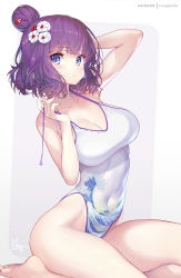 Rule 34 | 1girl, blue eyes, breasts, cleavage, covered navel, fate/grand order, fate (series), hair bun, hair ornament, hairpin, hong (white spider), katsushika hokusai (fate), looking at viewer, medium breasts, nail polish, one-piece swimsuit, simple background, single hair bun, solo, swimsuit, thighs