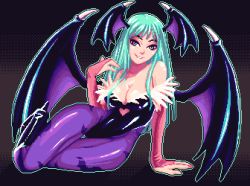 Rule 34 | 1girl, animal print, bare shoulders, bat print, bat wings, boots, breasts, bridal gauntlets, cleavage, clothing cutout, commentary, demon girl, english commentary, green eyes, green hair, head wings, heart cutout, high heel boots, high heels, highres, insaneisane, leotard, long hair, looking at viewer, lying, medium breasts, morrigan aensland, on side, pantyhose, pixel art, print pantyhose, purple pantyhose, red wings, smile, solo, vampire (game), wings