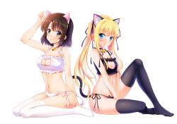 Rule 34 | 2girls, :d, :t, alternate costume, animal ears, bare arms, bell, between legs, black legwear, black panties, blonde hair, blunt bangs, blush, breasts, brown eyes, brown hair, cat cutout, cat ear panties, cat ears, cat girl, cat lingerie, cat tail, choker, cleavage cutout, closed mouth, clothing cutout, covering privates, covering crotch, eyebrows, female focus, frills, full body, groin, hair ribbon, hand between legs, highres, jingle bell, katou megumi, large breasts, legs, lingerie, long hair, looking at viewer, meme attire, multiple girls, navel, neck bell, no shoes, open mouth, panties, paw print, pout, purple ribbon, ribbon, saenai heroine no sodatekata, sawamura spencer eriri, short hair, side-tie panties, simple background, sitting, smile, stomach, tail, thighhighs, underwear, underwear only, wariza, white background, white legwear, white panties, yagami-all hail nanao