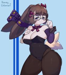 Rule 34 | 1girl, animal nose, artist name, averting eyes, bad id, bad twitter id, bare shoulders, black-framed eyewear, black leotard, black pantyhose, blue background, blue eyes, blunt bangs, bob cut, body fur, breasts, brown hair, cleavage, closed mouth, covered navel, cowboy shot, detached sleeves, embarrassed, female focus, furry, furry female, glasses, hair ornament, hair ribbon, half-closed eyes, hand on own chest, hands up, highres, honey calamari, large breasts, leotard, looking to the side, neck ribbon, original, pantyhose, playing with own hair, purple ribbon, purple sleeves, rabbit ears, rabbit girl, rabbit tail, ribbon, round eyewear, short hair, shy, sidelocks, signature, simple background, single detached sleeve, skindentation, solo, standing, strapless, strapless leotard, thick thighs, thighs, wavy mouth, white fur, wide hips, wrist cuffs