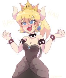 Rule 34 | 1girl, armlet, artist name, bare shoulders, black dress, black nails, blonde hair, blue eyes, blush, bowsette, bracelet, breasts, cleavage, collar, collarbone, cowboy shot, crown, dress, earrings, english text, female focus, hair between eyes, hands up, happy, horns, jewelry, laughing, mario (series), medium breasts, nail polish, new super mario bros. u deluxe, nintendo, nose blush, open mouth, ponytail, sharp teeth, signature, simple background, smile, solo, spiked bracelet, spiked collar, spiked shell, spikes, standing, strapless, strapless dress, super crown, teeth, turtle shell, white background, xkokoro