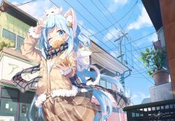 Rule 34 | 1girl, :3, absurdres, adjusting hair, animal, animal ear fluff, animal ears, animal on head, ap04astral, blue eyes, blue hair, blue sky, box, brown jacket, brown skirt, cat, cat ears, cat girl, cat tail, dated, fang, food, food in mouth, fur-trimmed jacket, fur trim, hair ornament, hairclip, highres, holding, holding box, jacket, long hair, mint (uchi no pet jijou), mouth hold, on head, one eye closed, outdoors, plaid, plaid scarf, plaid skirt, power lines, scarf, signature, skin fang, skirt, sky, solo, star (symbol), star in eye, symbol in eye, tail, taiyaki, tray, uchi no pet jijou, very long hair, wagashi, white cat, white tail, white wings, wings