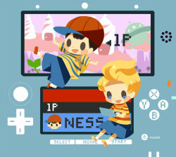 Rule 34 | 2boys, baseball cap, black hair, blonde hair, blue shorts, blush stickers, brown footwear, d-pad, floating, handheld game console, hat, hitofutarai, lucas (mother 3), magicant, male focus, mobile sprout, mother (game), mother 2, mother 3, multiple boys, ness (mother 2), nintendo, nintendo 3ds, open mouth, outstretched arms, power symbol, red headwear, shirt, short hair, shorts, sitting, solid oval eyes, spread arms, striped clothes, striped shirt, super smash bros., ufo