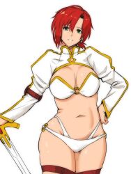 Rule 34 | 1girl, boudica (fate), bra, breasts, fate/grand order, fate (series), green eyes, grin, hand on own hip, holding, holding sword, holding weapon, large breasts, looking at viewer, makka na kedamono, navel, panties, red hair, simple background, smile, solo, sword, underwear, weapon, white background