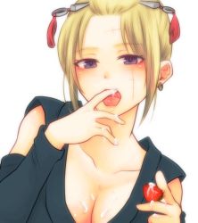 Rule 34 | 1girl, absurdres, black kimono, black sleeves, blonde hair, blue eyes, breasts, cleavage, collarbone, detached sleeves, scar on face, food, fruit, gintama, hair ornament, hairpin, highres, japanese clothes, kimono, long sleeves, looking at viewer, medium breasts, open mouth, paleatus, saliva, scar, scar on cheek, scar on face, short hair, simple background, sleeveless, sleeveless kimono, solo, strawberry, tsukuyo (gintama), upper body, white background