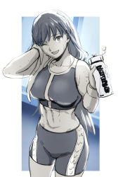 Rule 34 | 1girl, abs, aoba (smartbeat), bare shoulders, bike shorts, bottle, breasts, collarbone, fate/grand order, fate (series), greyscale, highres, large breasts, long hair, looking at viewer, martha (fate), monochrome, navel, one eye closed, open mouth, smile, solo, sports bra, thighs, water bottle