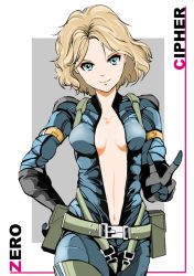 Rule 34 | 1girl, bad id, bad pixiv id, belt pouch, black gloves, blonde hair, blue eyes, bodysuit, border, breasts, catsuit, center opening, cowboy shot, elbow gloves, gloves, harness, kafe (bonbonrocks), metal gear (series), metal gear solid: peace walker, navel, no bra, paz ortega andrade, pouch, short hair, shoulder pads, sideboob, simple background, small breasts, smile, solo, unzipped, v