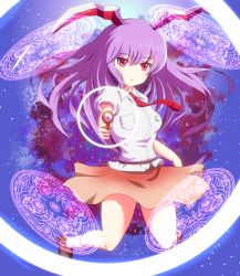 Rule 34 | 1girl, aiming, aiming at viewer, animal ears, bad id, bad pixiv id, dress shirt, highres, light particles, long hair, looking at viewer, lunatic gun, magic circle, necktie, purple hair, rabbit ears, red eyes, red necktie, reisen udongein inaba, shirt, short sleeves, skirt, solo, tobi (mylifekei), touhou, wind, wind lift
