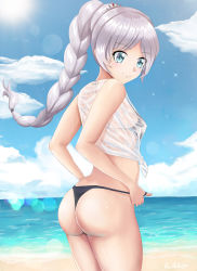 Rule 34 | 1girl, artist name, ass, beach, bikini, bikini pull, bikini under clothes, black bikini, blouse, blue sky, braid, braided ponytail, breasts, closed mouth, clothes pull, cloud, day, floating hair, from behind, hair ornament, highres, iwikker, lens flare, long hair, looking back, looking down, ocean, outdoors, rwby, sand, scar, scar across eye, see-through, see-through shirt, shirt, sky, small breasts, smile, solo, sparkle, strap gap, sunlight, swimsuit, tiara, tied shirt, water, weiss schnee, wet, wet clothes, wet shirt, white hair, white shirt