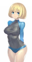 Rule 34 | 1girl, arms behind back, blonde hair, blue eyes, blush, breasts, collarbone, covered navel, cowboy shot, etrian odyssey, groin, leotard, looking at viewer, original, phalanx (sekaiju), sekaiju no meikyuu, sekaiju no meikyuu 3, short hair, simple background, skin tight, solo, standing, sweatdrop, takamine nadare, taut clothes, wavy mouth, white background