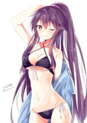 Rule 34 | 1girl, alternate costume, arm on own head, bare shoulders, bikini, black bikini, blush, breasts, cleavage, criss-cross halter, hair ornament, halterneck, highres, hizaka, kantai collection, large breasts, long hair, looking at viewer, medium breasts, one-hour drawing challenge, one eye closed, ponytail, purple hair, red eyes, sidelocks, simple background, smile, solo, swimsuit, thighs, very long hair, white background, yahagi (kancolle)