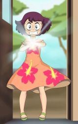Rule 34 | 1girl, alternate costume, animated, artist request, blinking, blue panties, child, clenched teeth, clothes lift, doorway, dress, dress lift, flashing light, glasses, lens flare, misora inaho, navel, panties, pantyshot, purple hair, sandals, solo, teeth, underwear, watch, youkai watch, youkai watch (object), youkai watch 3