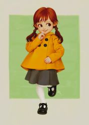 Rule 34 | 1girl, alkemanubis, black footwear, border, brown eyes, brown hair, buttons, child, coat, commentary, english commentary, finger to mouth, full body, green background, grey border, grey skirt, highres, long hair, long sleeves, looking to the side, original, outside border, pantyhose, pleated skirt, shoes, sideways glance, skirt, sleeves past wrists, smile, solo, twintails, two-tone background, walking, white pantyhose