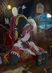 Rule 34 | 1girl, absurdres, barrel, beer can, blush, breasts, can, coin, commentary request, drink can, eyepatch, gloves, gold coin, hat, highres, hololive, houshou marine, inorihisa nanaku, leotard, leotard under clothes, looking at viewer, medium breasts, pirate hat, red eyes, red hair, see-through, see-through leotard, ship in a bottle, sitting, skull, smile, solo, treasure chest, virtual youtuber, wanted, white gloves, window