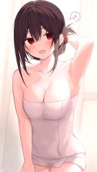Rule 34 | 1girl, arm behind head, armpits, bad id, bad pixiv id, bare shoulders, blush, breasts, brown hair, cleavage, commentary request, heart, highres, looking at viewer, medium breasts, naked towel, open mouth, original, ramchi, red eyes, short hair, smile, solo, spoken heart, towel, yandere-chan (ramchi)