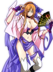 Rule 34 | 1girl, arms up, blush, breasts, choker, cleavage, fingerless gloves, game cg, gloves, hand fan, huge breasts, japanese clothes, legs, long hair, looking at viewer, matching hair/eyes, navel, orange eyes, orange hair, panties, ponytail, sexual arts meister, simple background, smile, solo, standing, thighs, underwear, white background