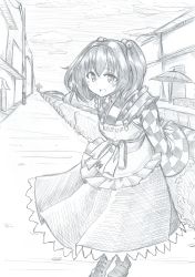 Rule 34 | 1girl, :d, apron, arms behind back, bell, boots, bow, bridge, canal, character name, checkered clothes, checkered kimono, clothes writing, cloud, cross-laced footwear, feet out of frame, graphite (medium), greyscale, hair bell, hair between eyes, hair ornament, hedge, highres, human village (touhou), japanese clothes, kimono, lace-up boots, leaning forward, long sleeves, looking at viewer, mahiro (akino-suisen), medium hair, monochrome, motoori kosuzu, open mouth, romaji text, sash, skirt, smile, solo, storefront, touhou, traditional media, two side up, umbrella, village, wide sleeves