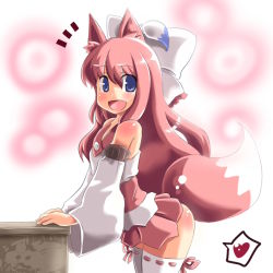 Rule 34 | 1girl, animal ears, blue eyes, bow, bubble background, detached sleeves, earrings, fox ears, fox tail, hair bow, heart, hinghoi, jewelry, long hair, looking at viewer, no panties, open mouth, original, pink hair, ribbon, shiny skin, single earring, smile, solo, spoken heart, tail, thighhighs, very long hair, white thighhighs