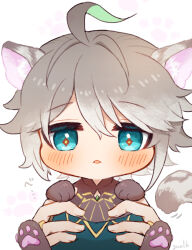 Rule 34 | 1boy, 1other, :p, ahoge, alhaitham (genshin impact), animal ear fluff, animal ears, animal hands, animalization, artist name, asymmetrical sidelocks, black shirt, blue eyes, blue pants, blush, cat ears, cat paws, cat tail, chest jewel, chibi, colored inner hair, fingernails, gem, genshin impact, green gemstone, green hair, grey hair, hair between eyes, highres, holding, jewelry, lifting person, looking at viewer, medium bangs, multicolored hair, out of frame, pants, parted bangs, paw print, ring, shirt, short hair, sidelocks, solo focus, streaked hair, symbol-shaped pupils, tail, tongue, tongue out, two-tone hair, white background, yellow trim, yuuzatta