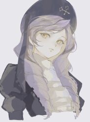 Rule 34 | 1girl, ascot, blue hat, blue jacket, closed mouth, dlanor a. knox, drill hair, expressionless, grey background, grey hair, hat, highres, jacket, long hair, looking at viewer, moaomao mo, parted bangs, simple background, solo, umineko no naku koro ni, upper body, white ascot, yellow eyes