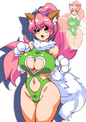 Rule 34 | 1girl, absurdres, animal ears, bare legs, bare shoulders, breasts, cat ears, cat girl, cleavage, cleavage cutout, clothing cutout, curvy, female focus, heart cutout, highleg, highleg leotard, highres, large breasts, leotard, long hair, partially visible vulva, paw print, perisie (star ocean), pink hair, ponytail, red eyes, ryoi, shiny clothes, shiny skin, simple background, smile, solo, star ocean, star ocean first departure, tail, thick thighs, thighs, thong leotard, very long hair