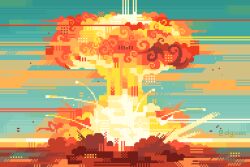 algixmc aqua_background artist_name commentary debris english_commentary explosion no_humans nuclear_explosion orange_theme original outdoors pixel_art watermark