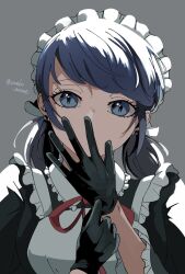 Rule 34 | 1girl, apron, black gloves, black shirt, blue eyes, blue hair, gloves, grey background, highres, looking at another, maid, maid apron, maid headdress, marinette dupain-cheng, miraculous ladybug, red ribbon, ribbon, shirt, simple background, uneko anime, upper body