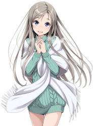 Rule 34 | 1girl, :d, blue eyes, brown hair, cowboy shot, highres, interlocked fingers, kimagure blue, long hair, looking at viewer, open mouth, original, own hands together, ribbed sweater, scarf, simple background, smile, solo, standing, sweater, white background, white scarf