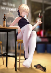 Rule 34 | 1girl, alcohol, artoria pendragon (all), artoria pendragon (fate), bar stool, bare arms, bare shoulders, bigxixi, black bow, black dress, black footwear, blonde hair, blurry, blurry background, blush, bottle, bow, braid, breasts, character name, collarbone, commentary, cup, depth of field, dress, drinking glass, fate/stay night, fate (series), feet, foot focus, foreshortening, hair between eyes, hair bow, halterneck, high heels, highres, holding, holding cup, indoors, legs, looking at viewer, nose blush, orange eyes, pantyhose, parted lips, patent heels, saber (fate), saber alter, unworn shoe, shoes, unworn shoes, sidelocks, single shoe, sitting, sleeveless, sleeveless dress, small breasts, solo, stiletto heels, stool, table, toes, white pantyhose, wine, wine bottle, wine glass, wooden floor