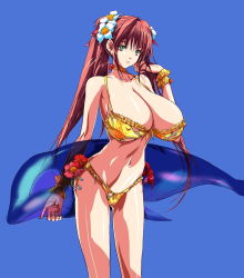 Rule 34 | 00s, 1girl, bikini, blue background, breasts, cameltoe, cleavage, covered erect nipples, cowboy shot, dolphin, eiken, flower, green eyes, hair flower, hair ornament, huge breasts, inflatable dolphin, inflatable toy, long hair, orca, q azieru, red hair, shinonome chiharu, simple background, solo, swimsuit, twintails, whale, yellow bikini
