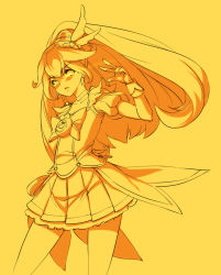 Rule 34 | 10s, 1girl, cowboy shot, cure peace, cure sunny, hair flaps, head wings, kise yayoi, long hair, magical girl, monochrome, nekomamire, pleated skirt, ponytail, precure, skirt, smile precure!, solo, wide ponytail, wings, yellow background, yellow theme